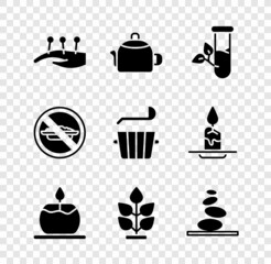 Set Acupuncture therapy, Kettle with handle, Laboratory glass leaves, Aroma candle, Plant, Stack hot stones, Food no diet and Sauna bucket ladle icon. Vector