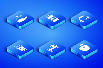 Set Apple, Leaf in hand, Massage table with oil, Fresh smoothie, Collagen serum and Headphones for meditation icon. Vector