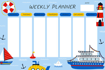 Weekly planner. Marine cartoon notebook sheet template, ships and boats poster for boys, water transport childish stationery design, sailing yacht, sailboat and submarine, vector flat isolated concept