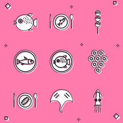 Set Puffer fish, Served on a plate, Takoyaki stick, Caviar, cucumber and Stingray icon. Vector