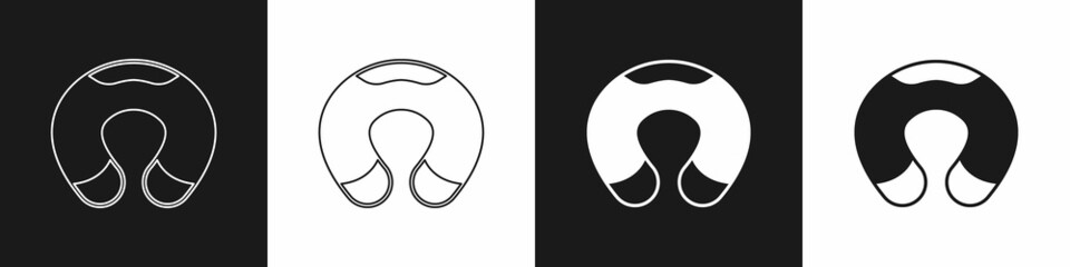 Set Travel neck pillow icon isolated on black and white background. Pillow U-shaped. Vector