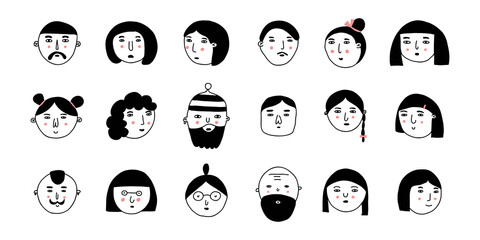 Doodle people. Hand drawn cute male and female faces, social media user avatars collection, hipster man and woman portrait, modern human icon. Line black and white vector isolated cartoon set