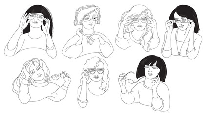 Portraits of young women with glasses. Set of linear people.