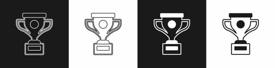 Set Award cup icon isolated on black and white background. Winner trophy symbol. Championship or competition trophy. Sports achievement sign. Vector