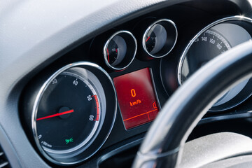 Speed background. Car dashboard panel with speedometer, tachometer. Fast vehicle, no limit concept.