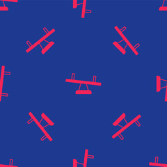 Fototapeta premium Red Seesaw icon isolated seamless pattern on blue background. Teeter equal board. Playground symbol. Vector