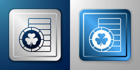 Obraz premium White Golden leprechaun coin with clover trefoil leaf icon isolated on blue and grey background. Happy Saint Patricks day. National Irish holiday. Silver and blue square button. Vector