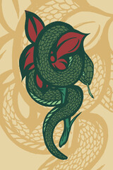 Illustration of a green snake wrapped around a red flower stalk, for t-shirt design