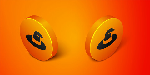 Isometric Witch hat icon isolated on orange background. Happy Halloween party. Orange circle button. Vector