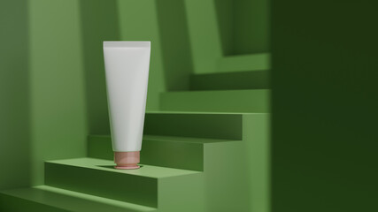 Skin care white tube mockup packaging on modern green stage.