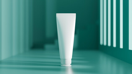 White tube skin care packaging mockup over blurred green background.