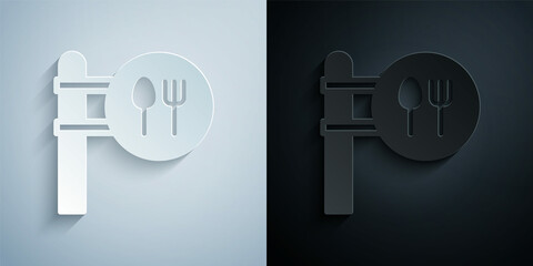 Paper cut Cafe and restaurant location icon isolated on grey and black background. Fork and spoon eatery sign inside pinpoint. Paper art style. Vector.