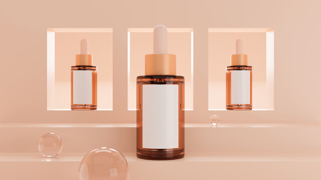 Skincare serum dropper bottle packaging mockup on orange pastel background