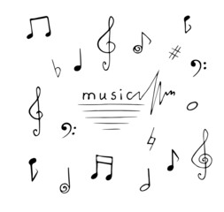 Hand drawn doodle  music notes, elements and signature set. Sketch, vector illustration. 