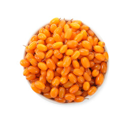 Fresh ripe sea buckthorn berries in bowl on white background, top view