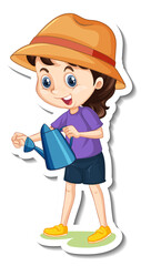 Cute girl wears purple t shirt holding watering can
