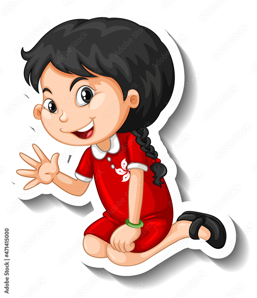 Sticker Chinese girl waving hand cartoon character