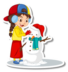 A girl building a snowman cartoon character sticker