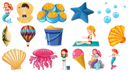 Set of summer beach objects and cartoon characters
