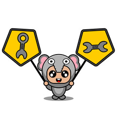 vector cartoon character cute elephant animal mascot costume holding mechanical tool sign
