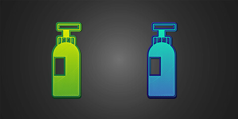 Green and blue Bottle of shampoo icon isolated on black background. Vector