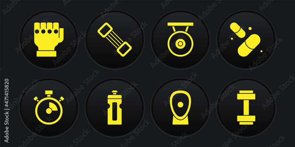 Sticker Set Stopwatch, Vitamin pill, Fitness shaker, Boxing training paws, Gong, Chest expander, Dumbbell and MMA glove icon. Vector