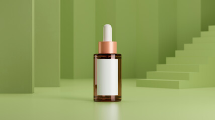 Skincare dropper bottle mockup on modern green abstract background.