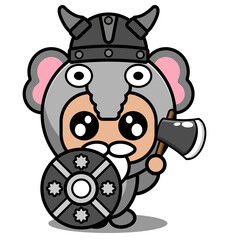vector cartoon character mascot costume animal cute elephant viking shield and ax