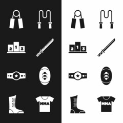 Obraz premium Set Japanese katana, Award over sports winner podium, Sport expander, Jump rope, Boxing belt, American Football ball, T-shirt with fight club MMA and boxing shoes icon. Vector