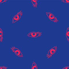 Red Beautiful woman eye icon isolated seamless pattern on blue background. Vector
