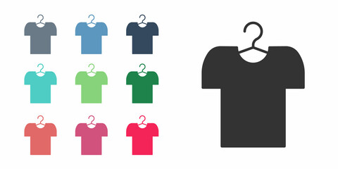 Black T-shirt on hanger icon isolated on white background. Set icons colorful. Vector