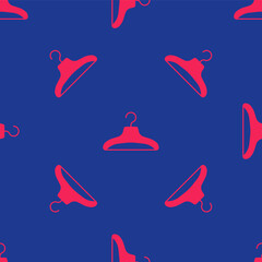 Red Hanger wardrobe icon isolated seamless pattern on blue background. Cloakroom icon. Clothes service symbol. Laundry hanger sign. Vector
