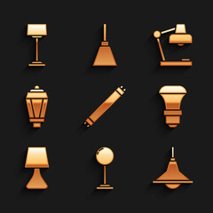 Set Fluorescent lamp, Floor, Chandelier, LED light bulb, Table, Garden, and icon. Vector