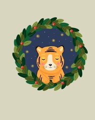 tiger in christmas wreath