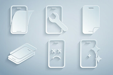 Set Dead mobile, Glass screen protector, Mobile service and icon. Vector