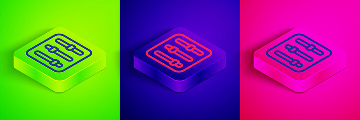 Isometric line Sound mixer controller icon isolated on green, blue and pink background. Dj equipment slider buttons. Mixing console. Square button. Vector
