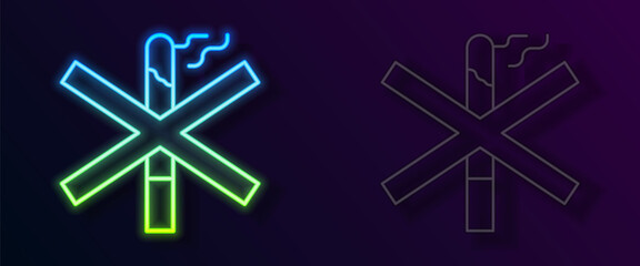Glowing neon line No smoking icon isolated on black background. Cigarette smoking prohibited sign. Vector