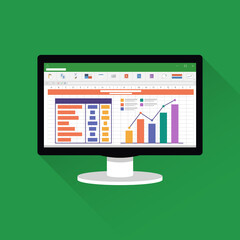 Spreadsheet on Computer screen flat icon. Financial accounting report concept. office things for planning and accounting, analysis, audit, project management, marketing, research vector illustration.