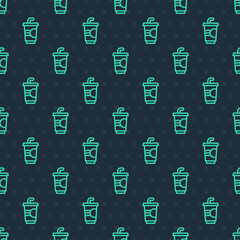 Green line Paper glass with drinking straw and water icon isolated seamless pattern on blue background. Soda drink glass. Fresh cold beverage symbol. Vector
