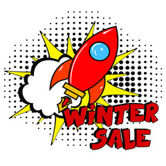 winter sale. Comic book explosion with text -  winter sale. Vector bright cartoon illustration in retro pop art style. Can be used for business, marketing and advertising.  Banner flyer pop art comic 