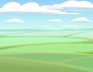 Fields and vegetable gardens hills. Rural landscape. Horizontal village nature illustration. Cute country hills. Flat style. Vector
