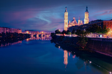 Basilica of the Pilar, best known as Pilarica in Zaragoza, Spain. Night shot with empty copy space for Editor's content.
