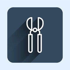 White line Gardening handmade scissors for trimming icon isolated with long shadow background. Pruning shears with wooden handles. Blue square button. Vector