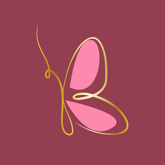 Letter B butterfly logo.Calligraphic icon.Wings outline lettering sign isolated on dark background.Decorative alphabet initial.Elegant, beauty, spa, gift boutique, luxury style.