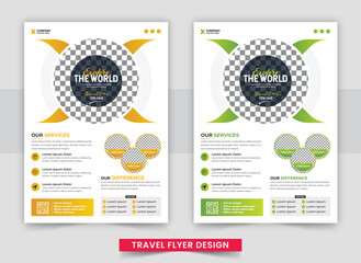 Business flyer design and brochure cover page template for travel agency. Travel poster or flyer pamphlet brochure design layout space for photo background. Yellow Travel flyer template for travel