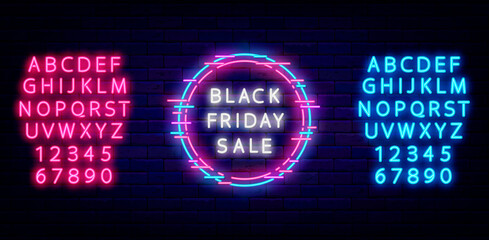 Black friday sale neon text in glitch circle. Pink and blue alphabet. Template for sale. Isolated vector illustration © Anastasia Gapeeva