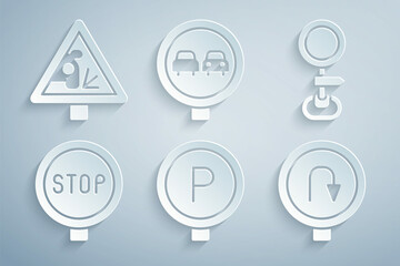 Set Parking, Road traffic sign, Stop, Turn back road, No overtaking and Warning icon. Vector