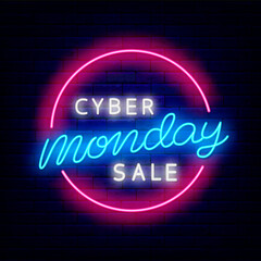 Fototapeta na wymiar Cyber monday sale neon signboard. Luminous emblem. Outer glowing effect banner. Isolated vector illustration