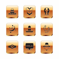 Set Mexican sombrero, Wrestling championship belt, Hola, Sliced lime, wrestler, and Poncho icon. Vector