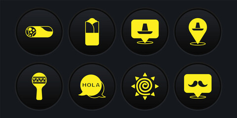 Set Maracas, Mexican sombrero, Hola, Sun, Burrito, Mustache and icon. Vector © vector_v